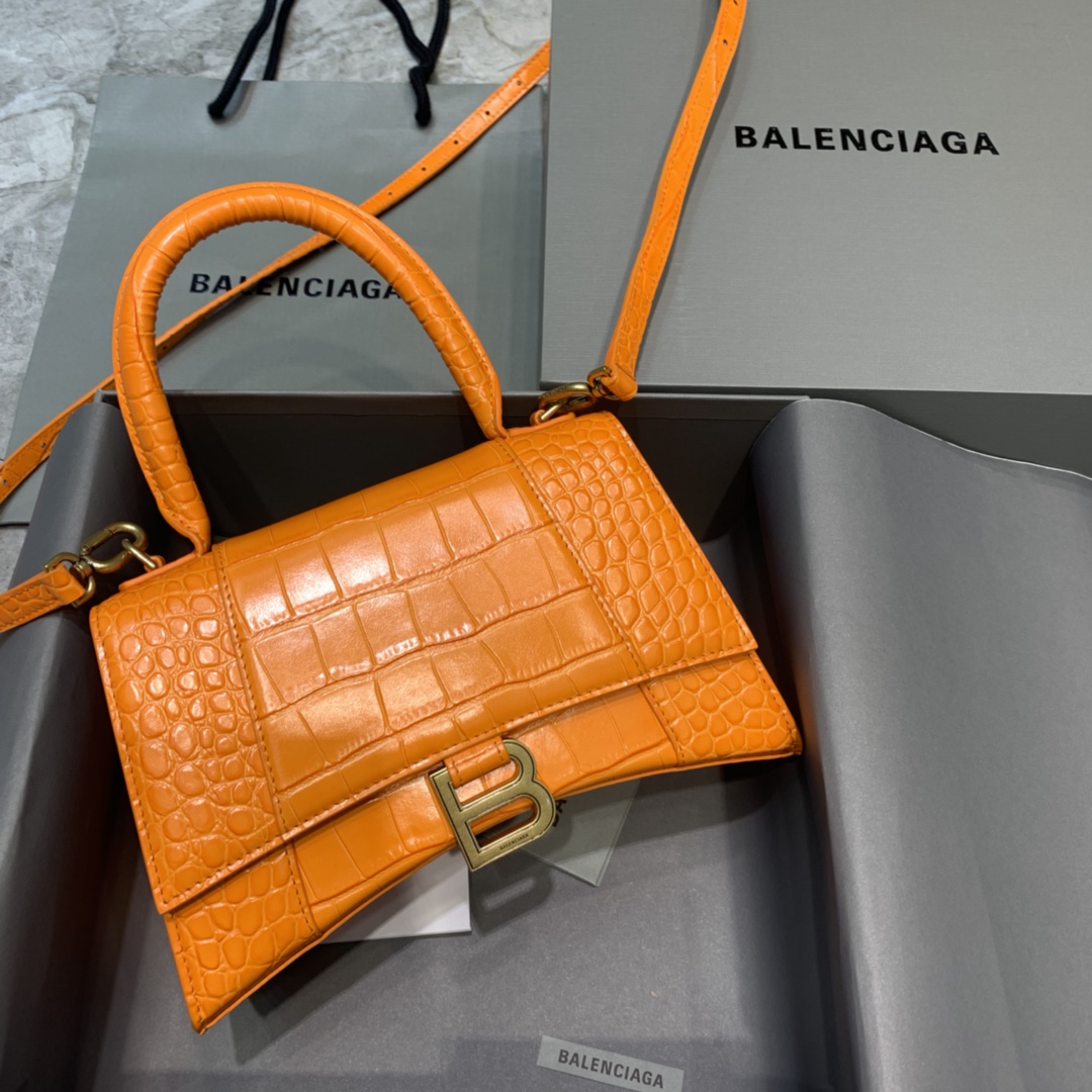 Balenciaga Hourglass Small Handbag Crocodile Embossed Shoulder Bag Orange